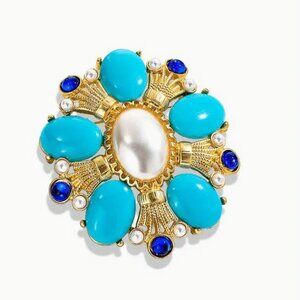Vintage Inspired Gold-Tone Brooch With Blue & Pearly White Cabochons
